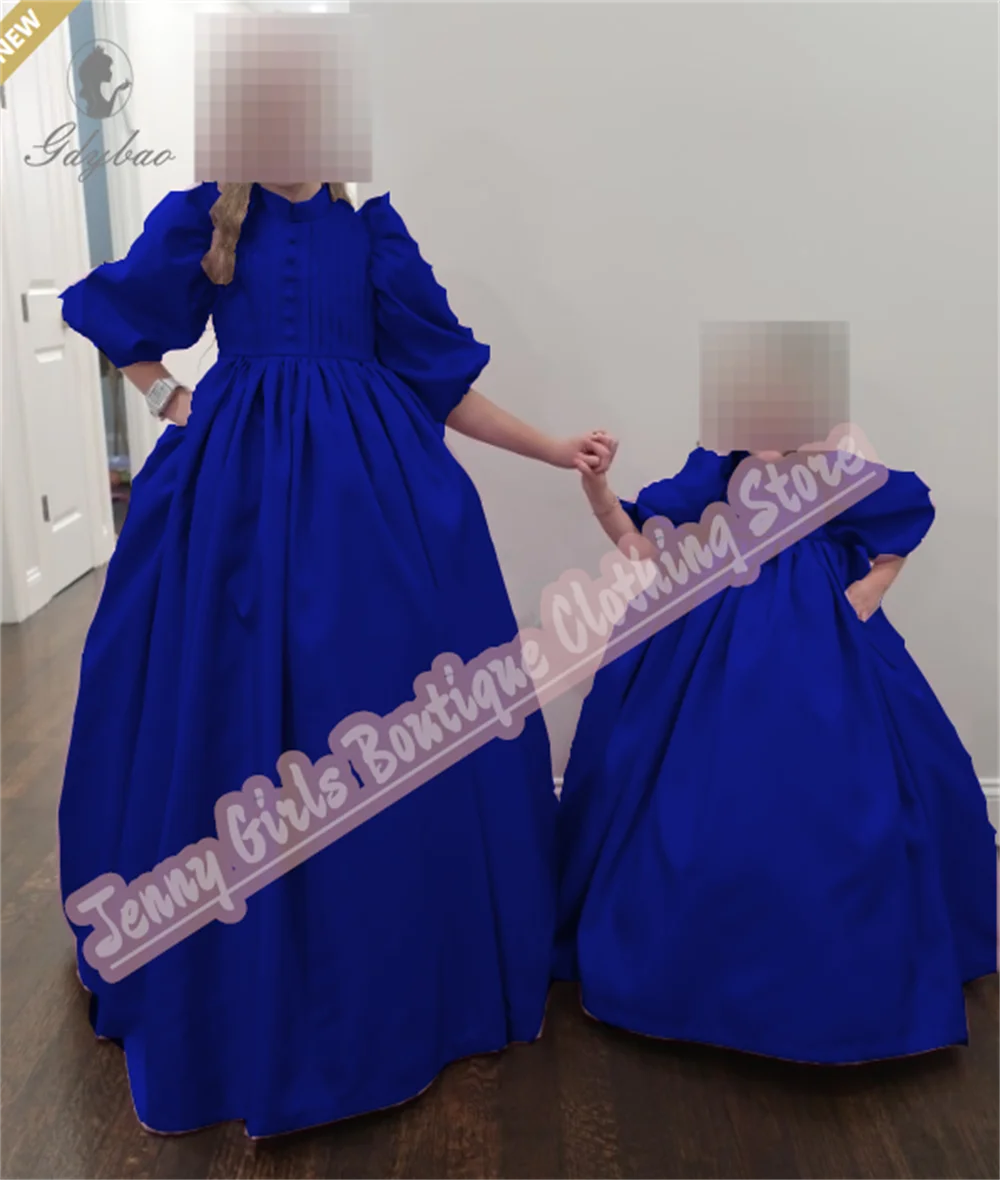 

Custom Royal Blue Teen Flower Girl Gift High Neck Elegant Puff Sleeves Performance First Communion Beauty Pageant