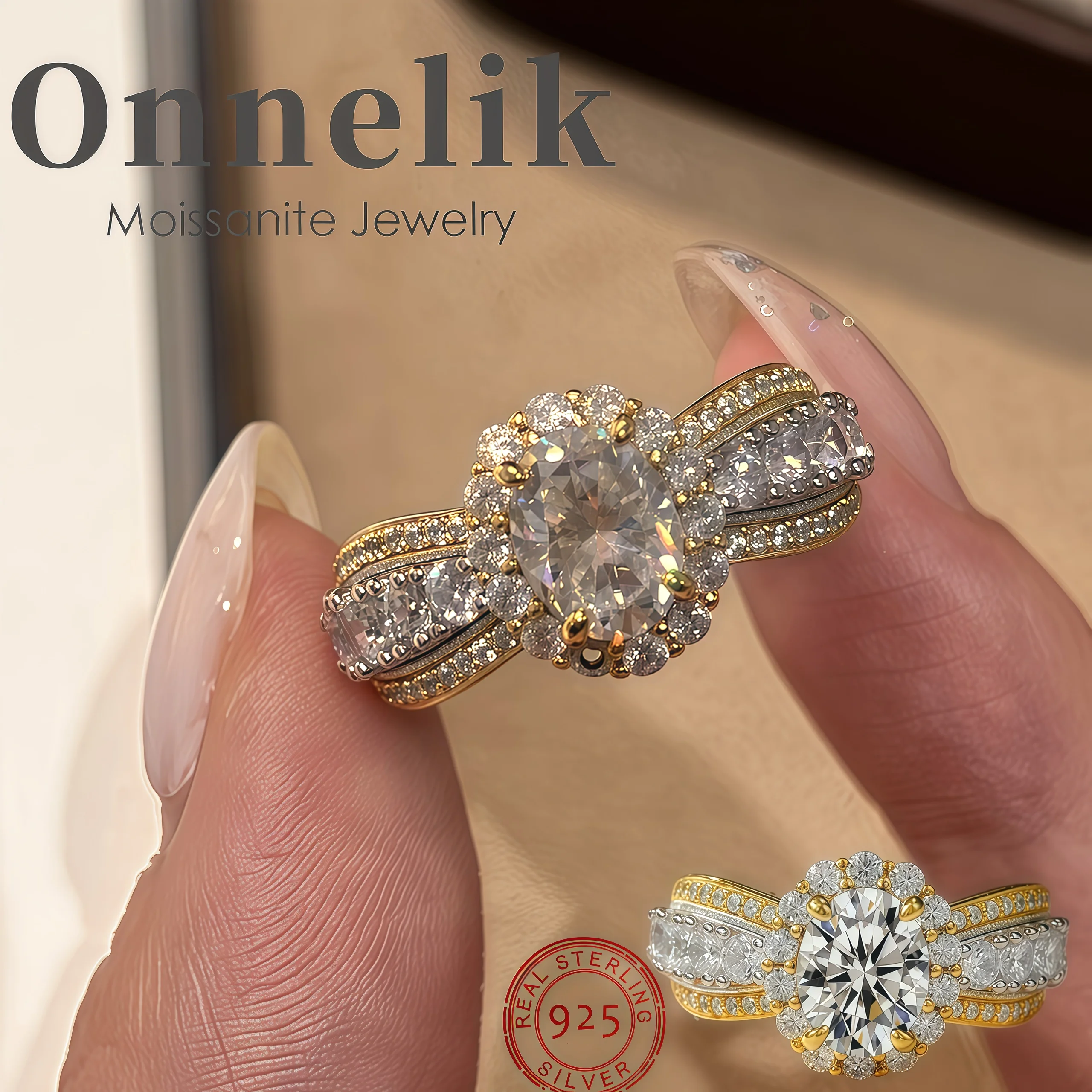 

Onnelik S925 Sterling Silver 1.5CT 6x8mm Oval Cut Moissanite Ring Vintage Style Design Light Luxury Unique Band for Women's Gift