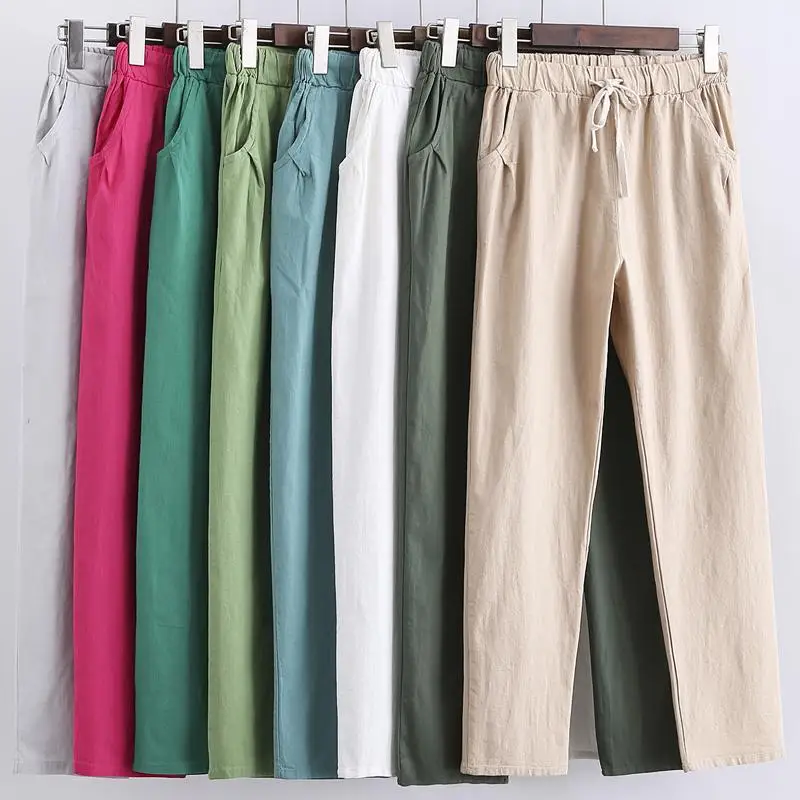 

Womens pants Spring Summer Harem Pants Cotton Linen Solid Elastic waist Harem Trousers Soft high quality for Female ladys