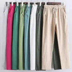 Womens pants Spring Summer Harem Pants Cotton Linen Solid Elastic waist Harem Trousers Soft high quality for Female ladys