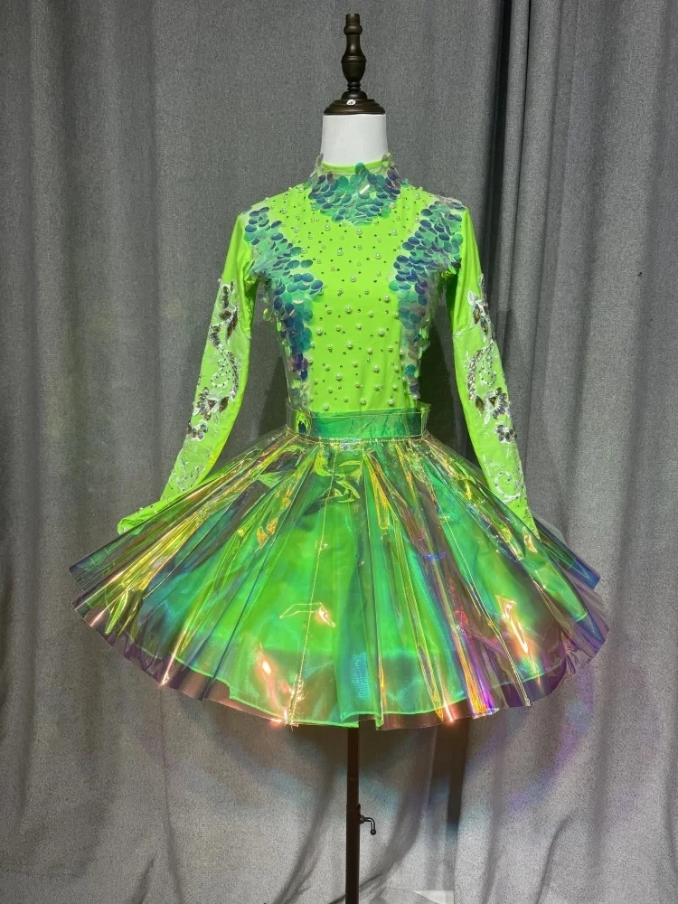 Women's Group Jazz Dance Costume Sequin Top Laser Cut Skirt Christmas Party Festival Outfit Nightclub DJ Stage Gogo Wear