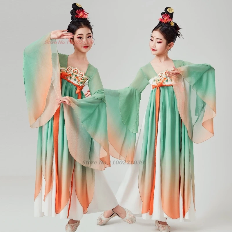 2025 chinese vintage children dance costume national flower embroidery gradient color hanfu dress stage performance folk dress