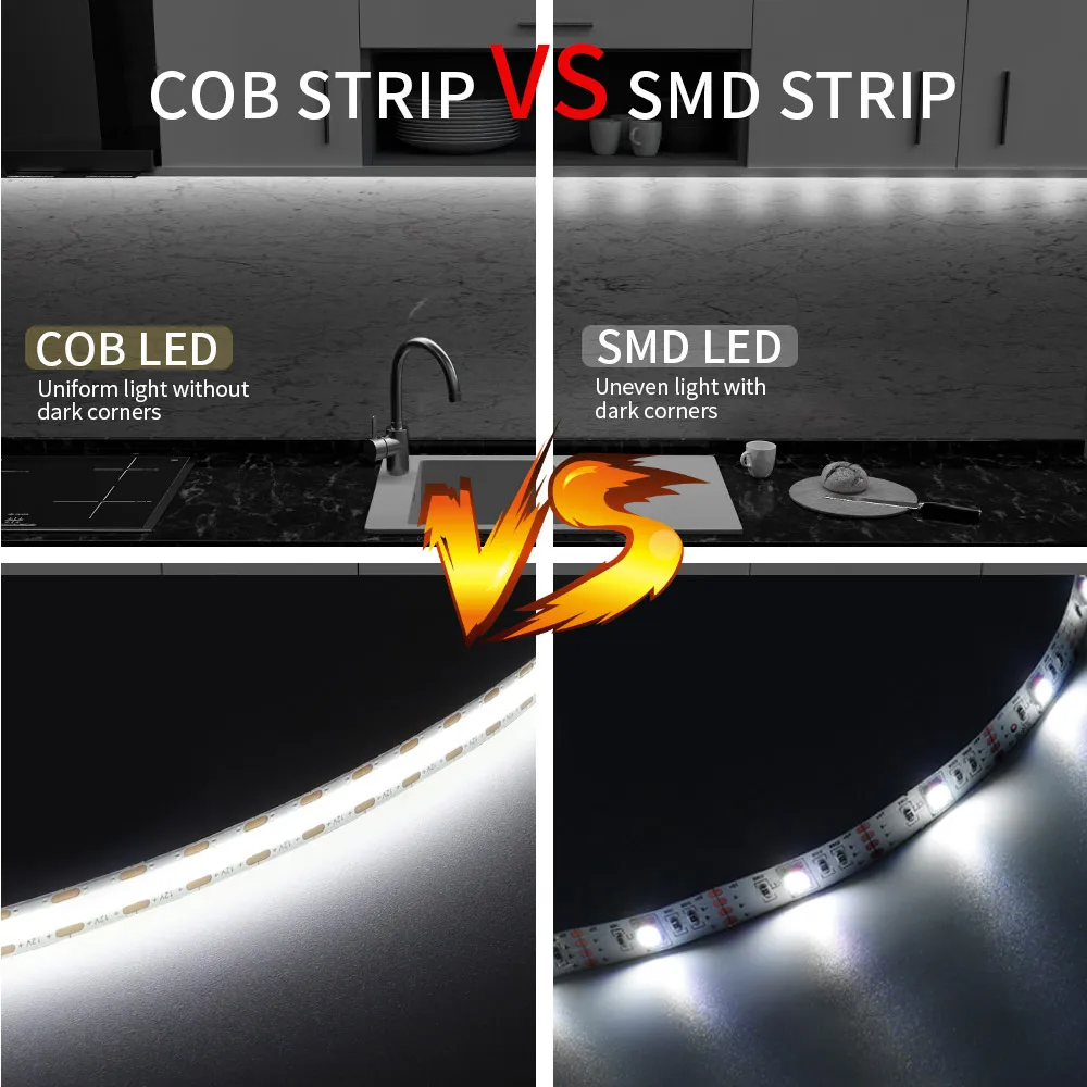 High Quality FOB COB LED Strip Light 3/5/8mm Width 400Leds/m High Density Dimmable Flexible Linear LED Tape RA90 16.4FT DC12/24V