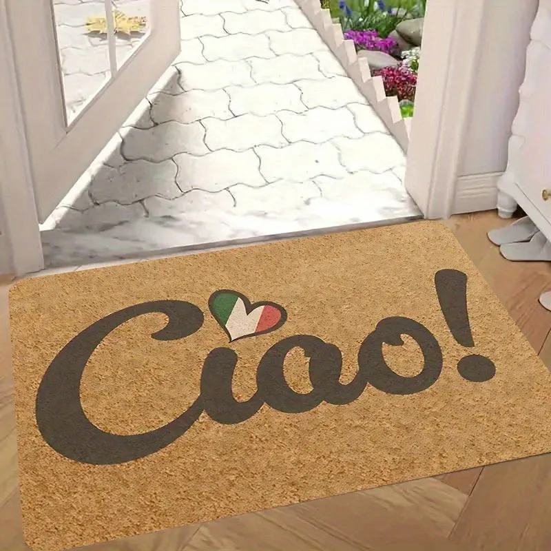 Ciao! Welcome Doormat Brown Letter & Heart Design - Non-Slip Backing, Machine Washable Heavy Duty Polyester Rug for Entryway