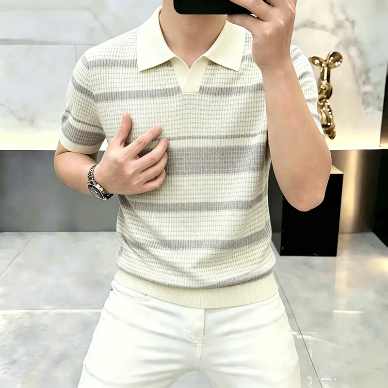2026 Summer New Style Men's Ice Silk Striped Knitted T-Shirt Polo Shirt V-Neck Collar Long Sleeve Lightweight Breathable Slim Fi