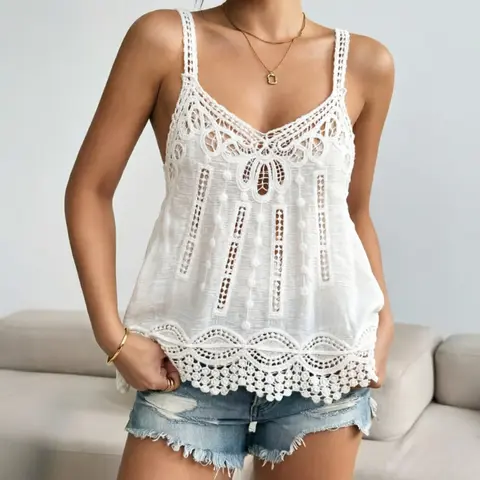 Crochet Knit Sleeveless Top for Women Embroidered Lace Blouse Strappy Cami Top Boho Festival Beach Wear Summer Vacation