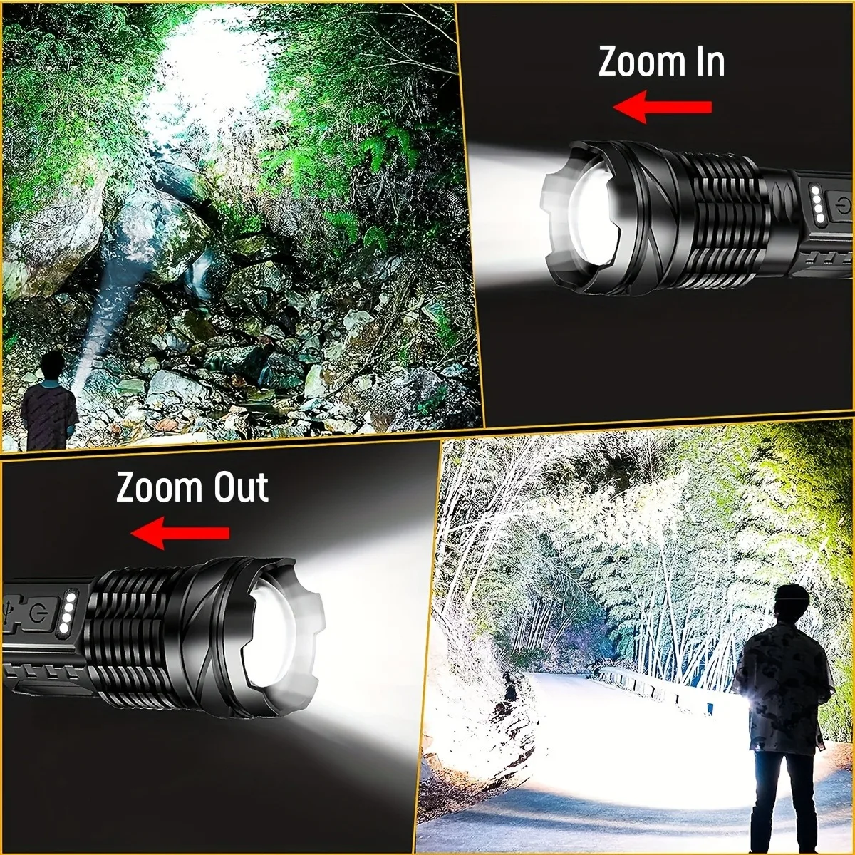 Potente linterna LED de láser blanco, antorcha impermeable 18650 con luz lateral, 7 modos, Camping, pesca, Zoom recargable por USB