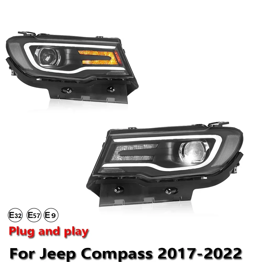 KQX Car Accessories LED Headlight Light For Jeep Compass 2017-2022 Projector Front Headlamp DRL Brake Turn Signal Lamp Plug and