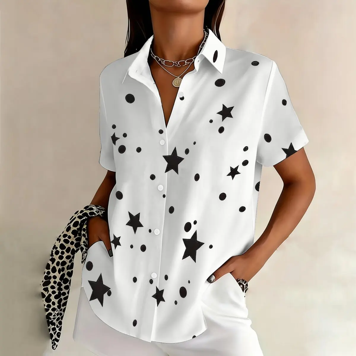 

Women's summer plus-size short-sleeve shirt, polka dot & star elements, retro and mysterious, suitable for workplace