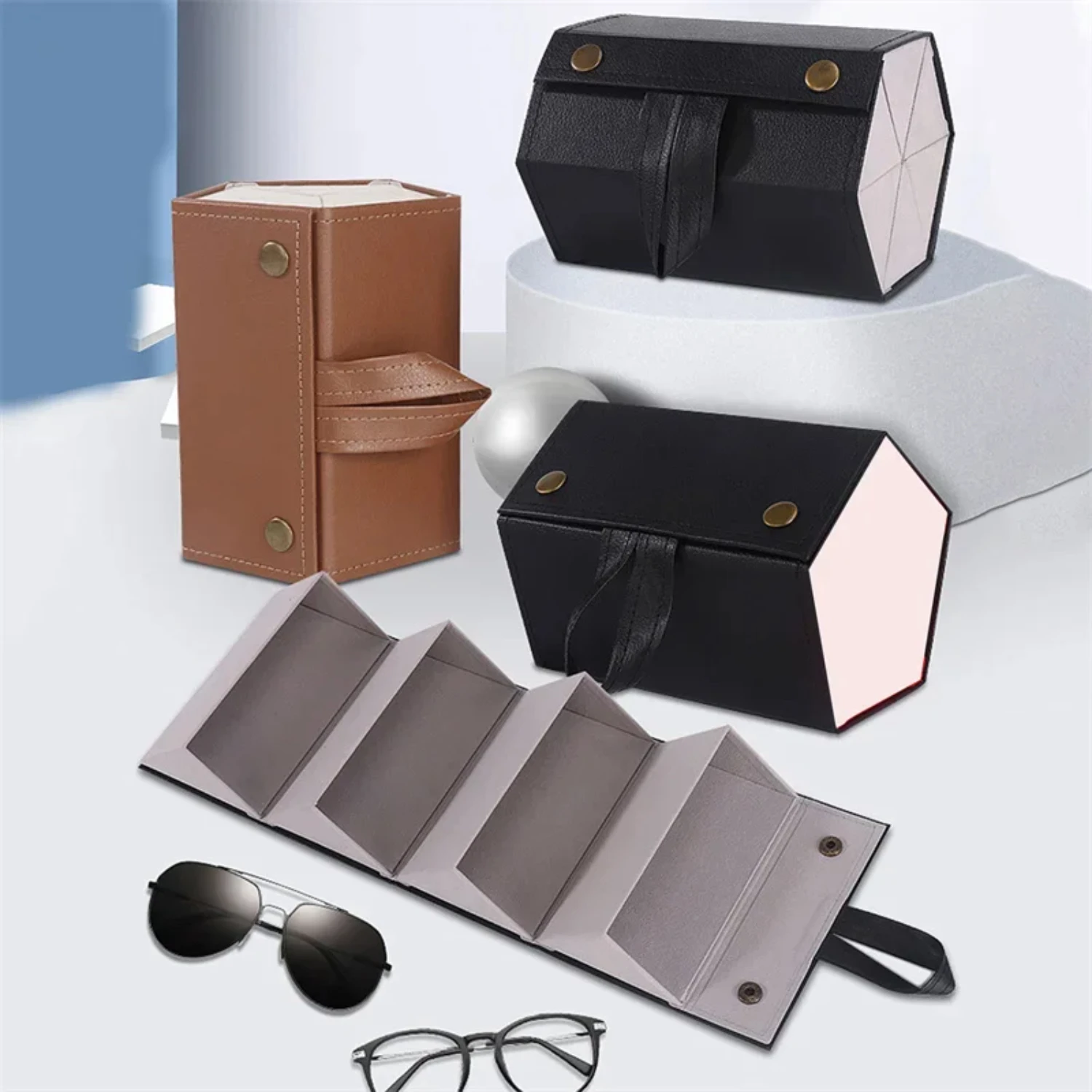 Portable Sunglasses Organizer with 3/5Grids - Multiple Pairs Eyeglasses Case for Travel - Hanging Eyewear Holder Box