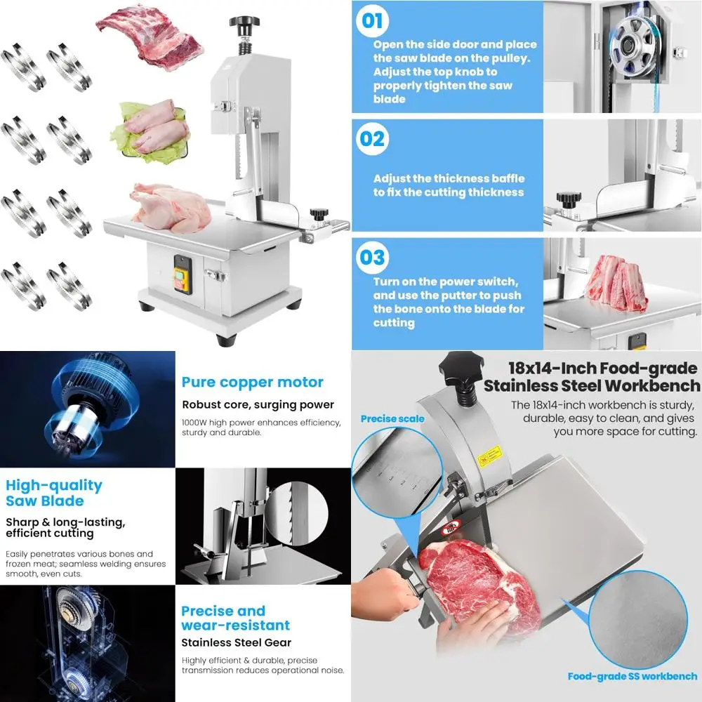 Sega per ossa elettrica ad alta potenza da 1000 W con piano di lavoro in acciaio inossidabile 18x14, taglia spessore 0,04-3,9, ideale per carne congelata