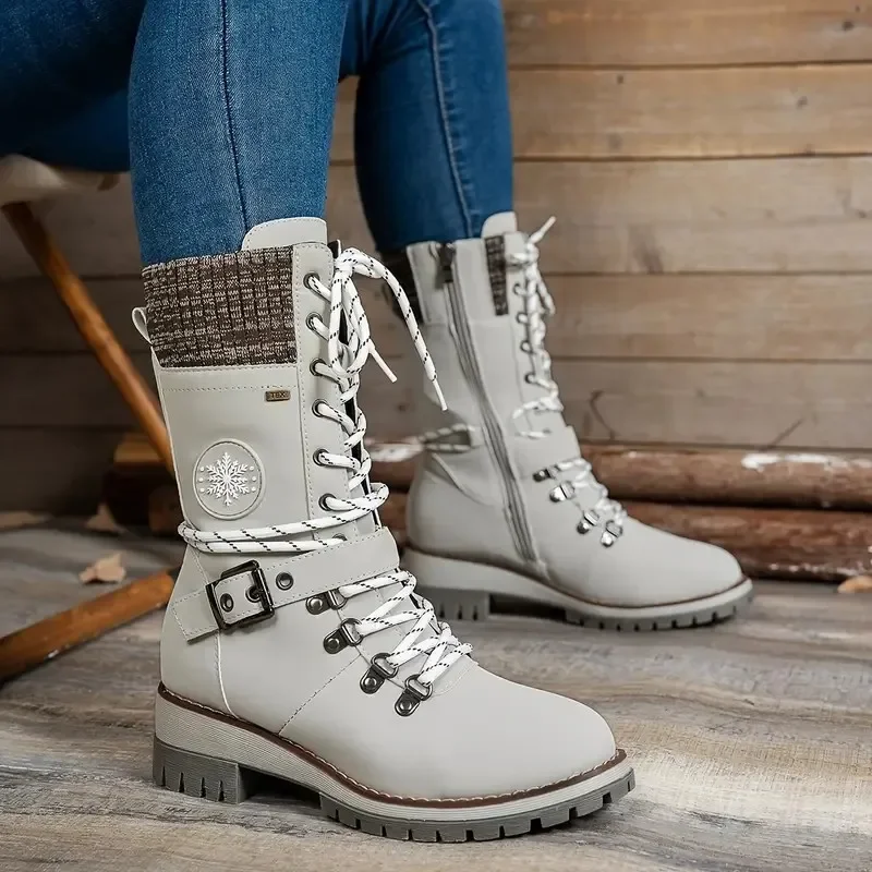 Women\'s Winter Side-pull Lace-up Knitted Mid-tube Boots Low-heeled Round-toe Boots High-quality Winter Warm Boots Botas De Mujer