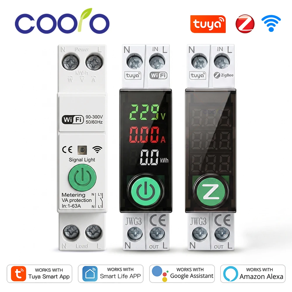 Tuya 63A 1P+N WIFI/ZigBee Smart Switch Energy Meter kWh Metering Monitoring Timer Relay MCB Voltage Current Protection for Alexa