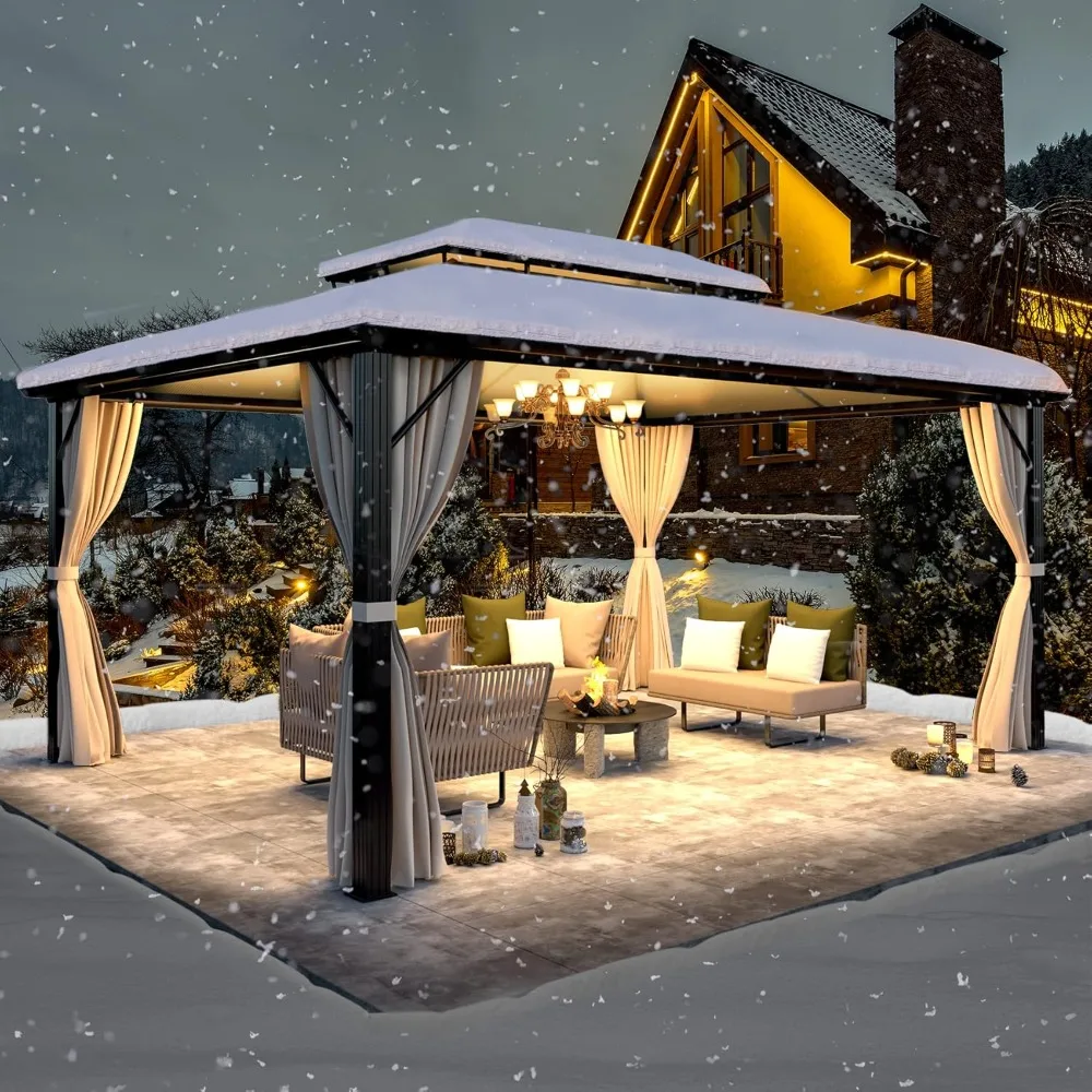 

12'x16' Hardtop Gazebo, Outdoor Polycarbonate Double Roof Canopy, Aluminum Frame Permanent Pavilion with Curtains, Customized