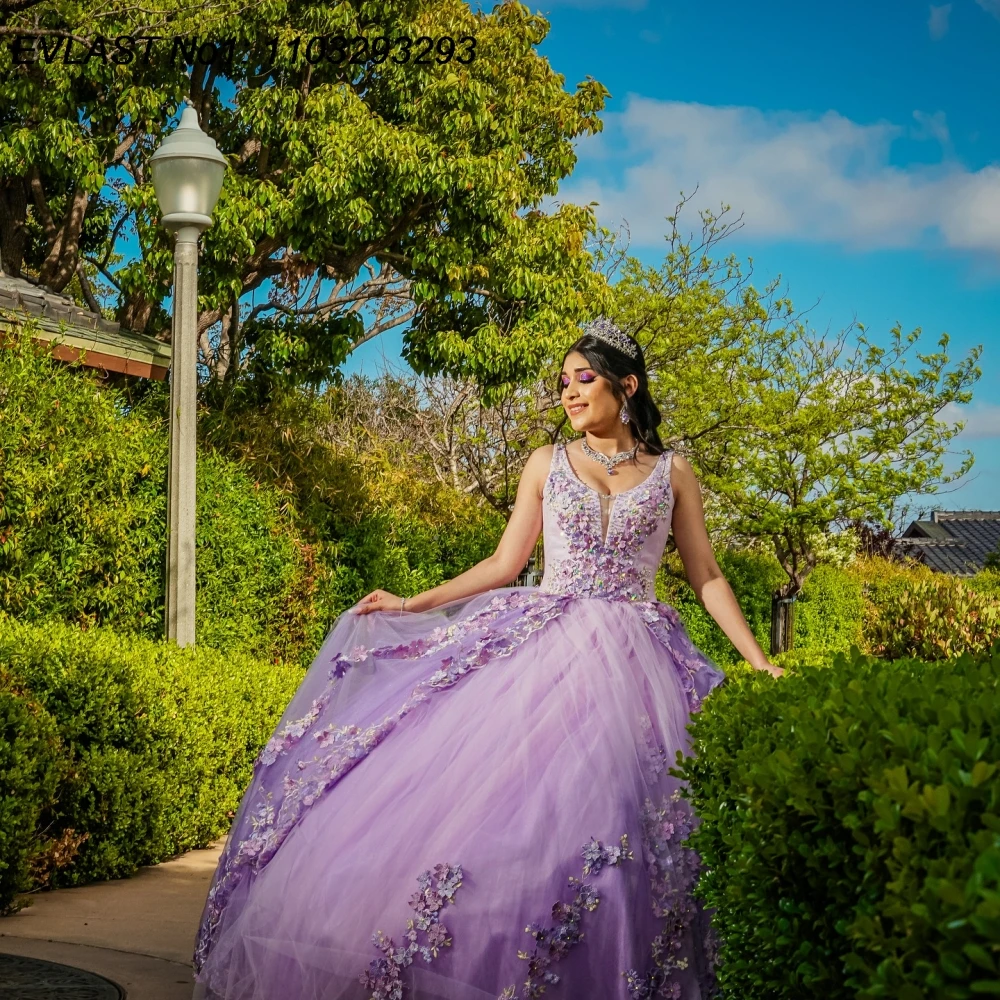 EVLAST Maßgeschneidertes glänzendes lila Ballkleid-Quinceanera-Kleid mit Blumenapplikationen und Perlenstickerei, abgestuft, Sweet 16, Vestidos de 15 Anos E1QN13