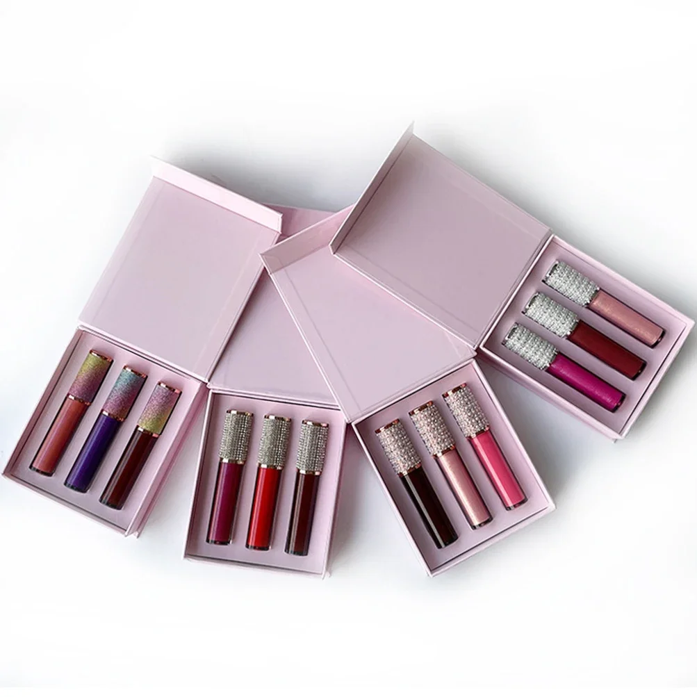 Private Label Liquid Lipstick Kit Custom Bulk Moist 45 Color Waterproof Pigment Makeup Pink Box Diamond Cover tubo trasparente