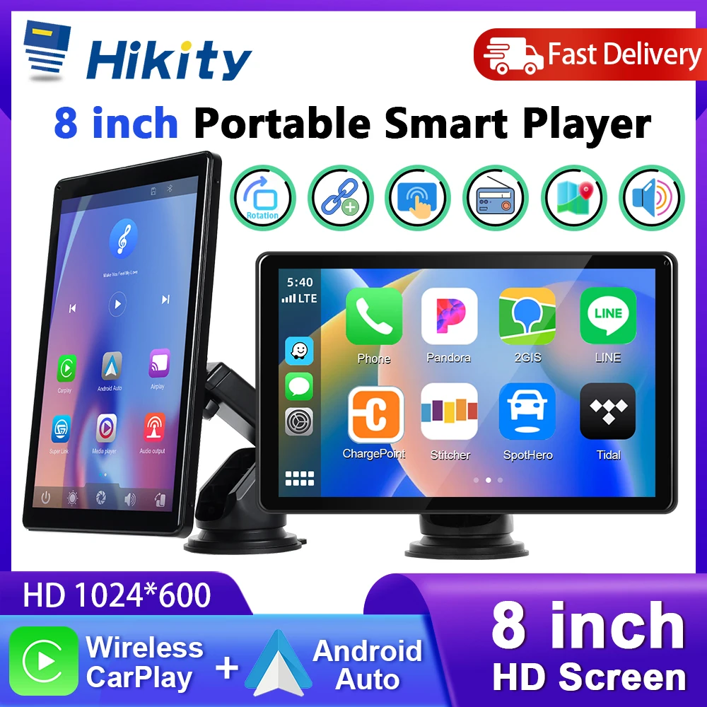 Hikity 8'' IPS Screen Smart Screen Player CarPlay Android Auto Bluetooth FM Transmission AUX Car DVR Dashboard With Video Play
