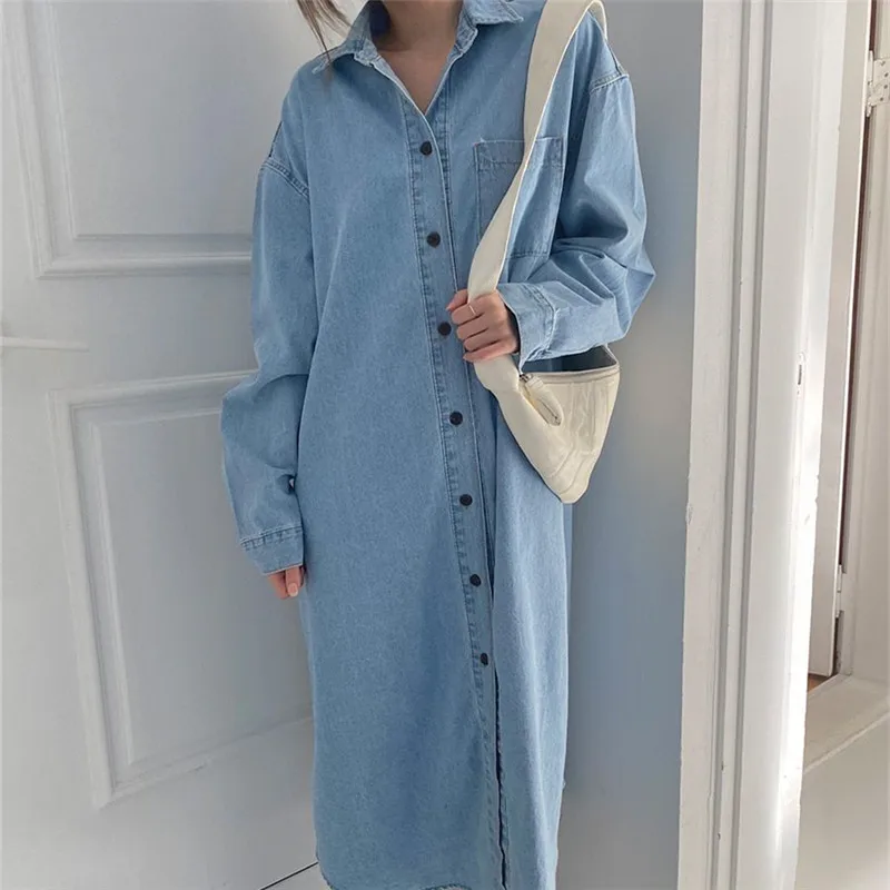 IHOBBY Women Long Denim Shirt Dress Korean Style Long Sleeve Single Breasted Jeans Shirt Outwear