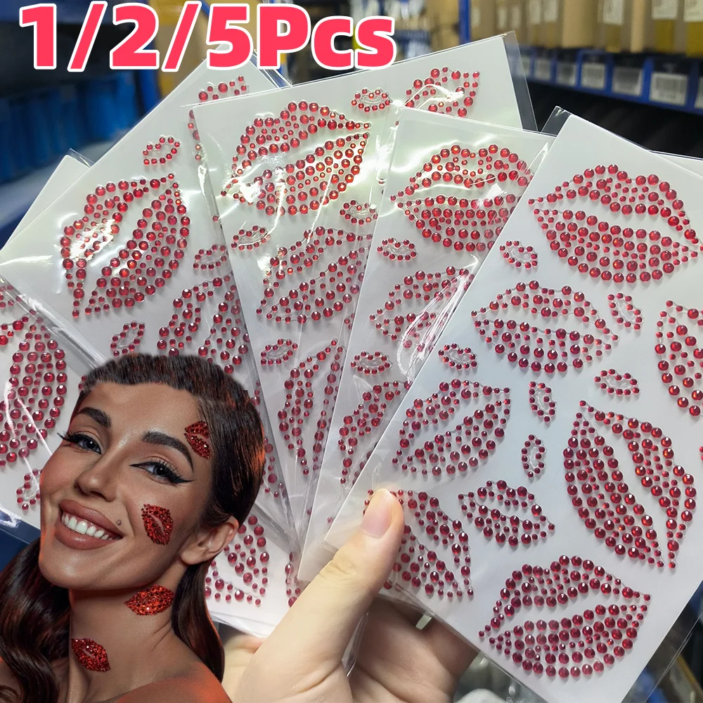 1/2/5Pcs 3D Red Lips Rhinestones Face Tattoo Stickers Sexy Kiss Diamond Adhesive Sticker Wedding Dating Women Temporary Tattoos