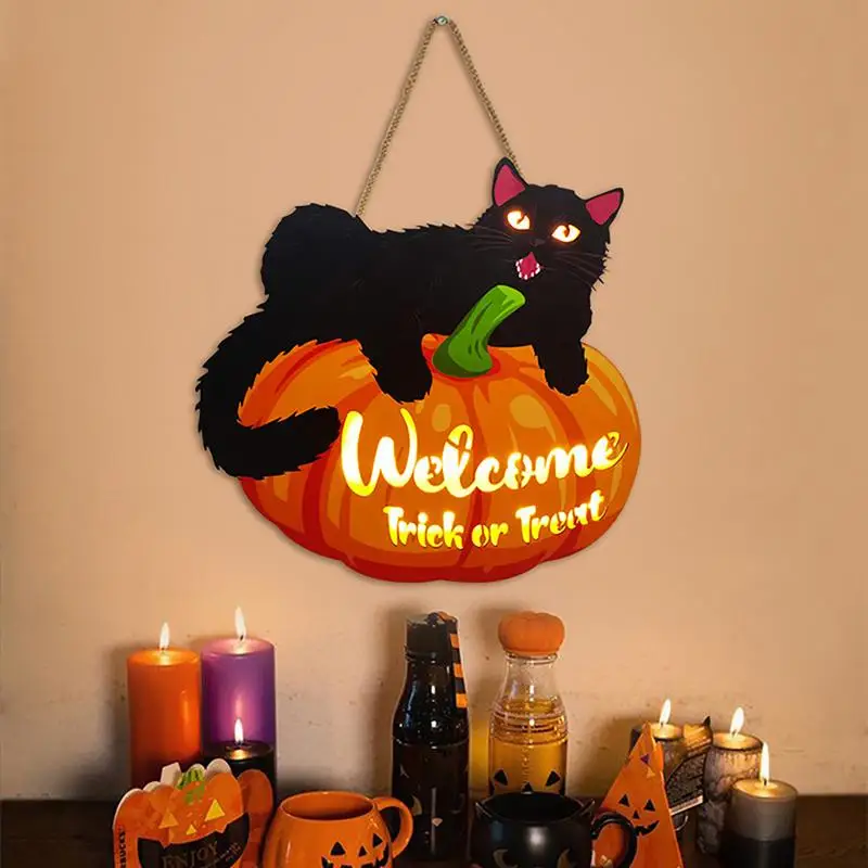 Wood Pumpkin Welcome Sign Glowing Black Cat Wall Decor Trick Or Treat Sign For Halloween Door Wall Indoor Outdoor Decor