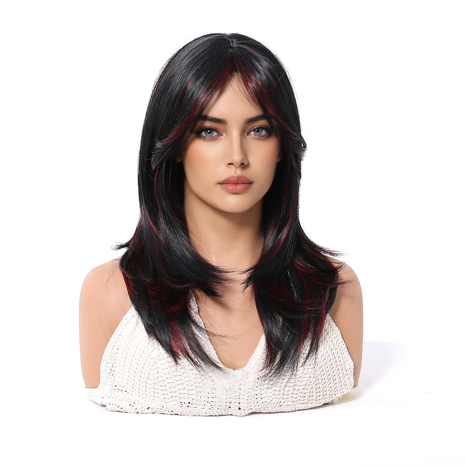 Medium Long Straight Layered Synthetic Wig Black Red Highlights Bangs Heat Resistant Lolita Cosplay Halloween Wig for Women