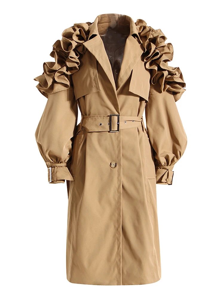 TWOTWINSTYLE Trench con volant per donna risvolto manica lunga telai increspato solido cappotti coreani vestiti femminili autunno nuovo 2022