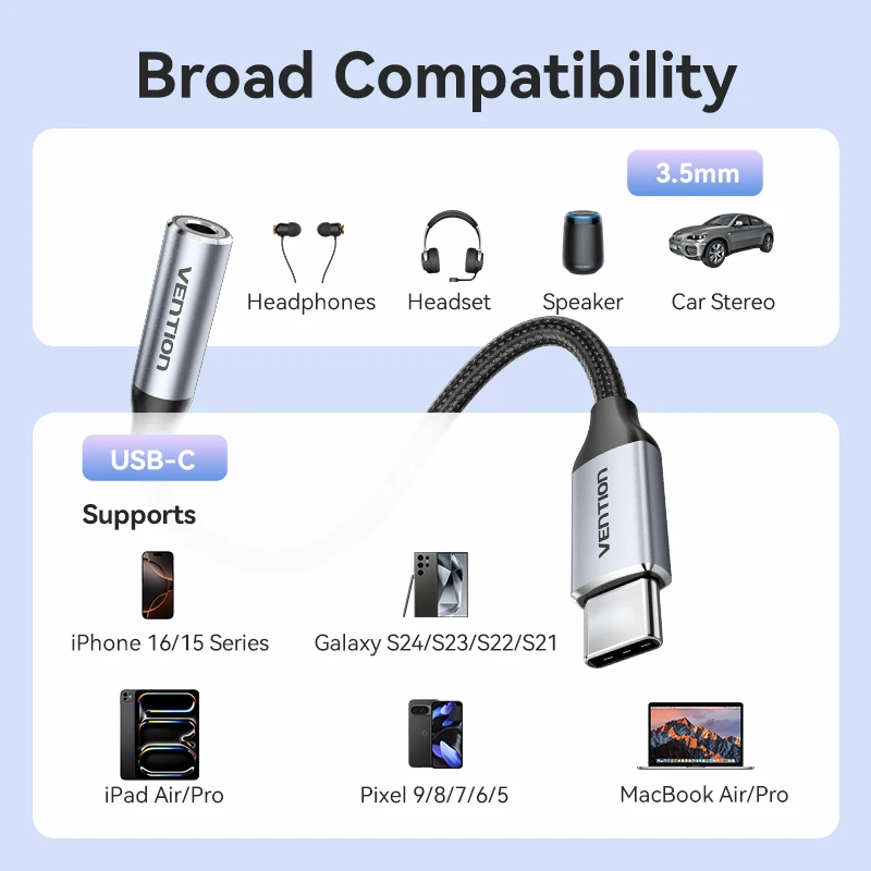 Vention 新しい DAC USB タイプ C から 3.5 ミリメートルジャックヘッドフォンアダプタ Aux オーディオすべてのイヤホン HiFi スプリッタケーブル iPhone 16 15 サムスン用