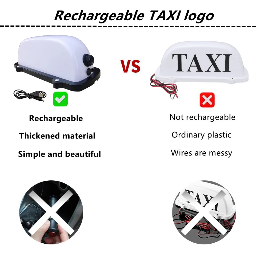 Batteria ricaricabile USB vuoto Taxi luce superiore tetto Taxi segno con Base magnetica impermeabile Taxi cupola luce luce bianca segno fai da te