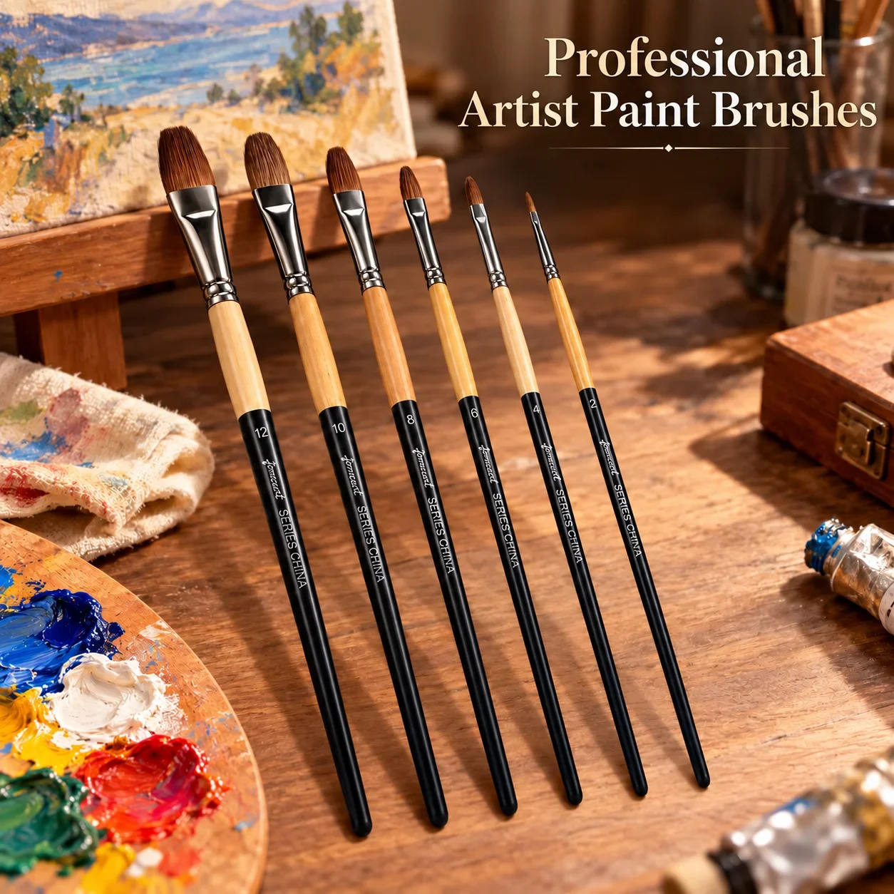 6 Piece Set Filbert Watercolor Gouache Paint Brush Wooden Handles Firm Bristles for Art Students Acrylic Painting Art Supplies