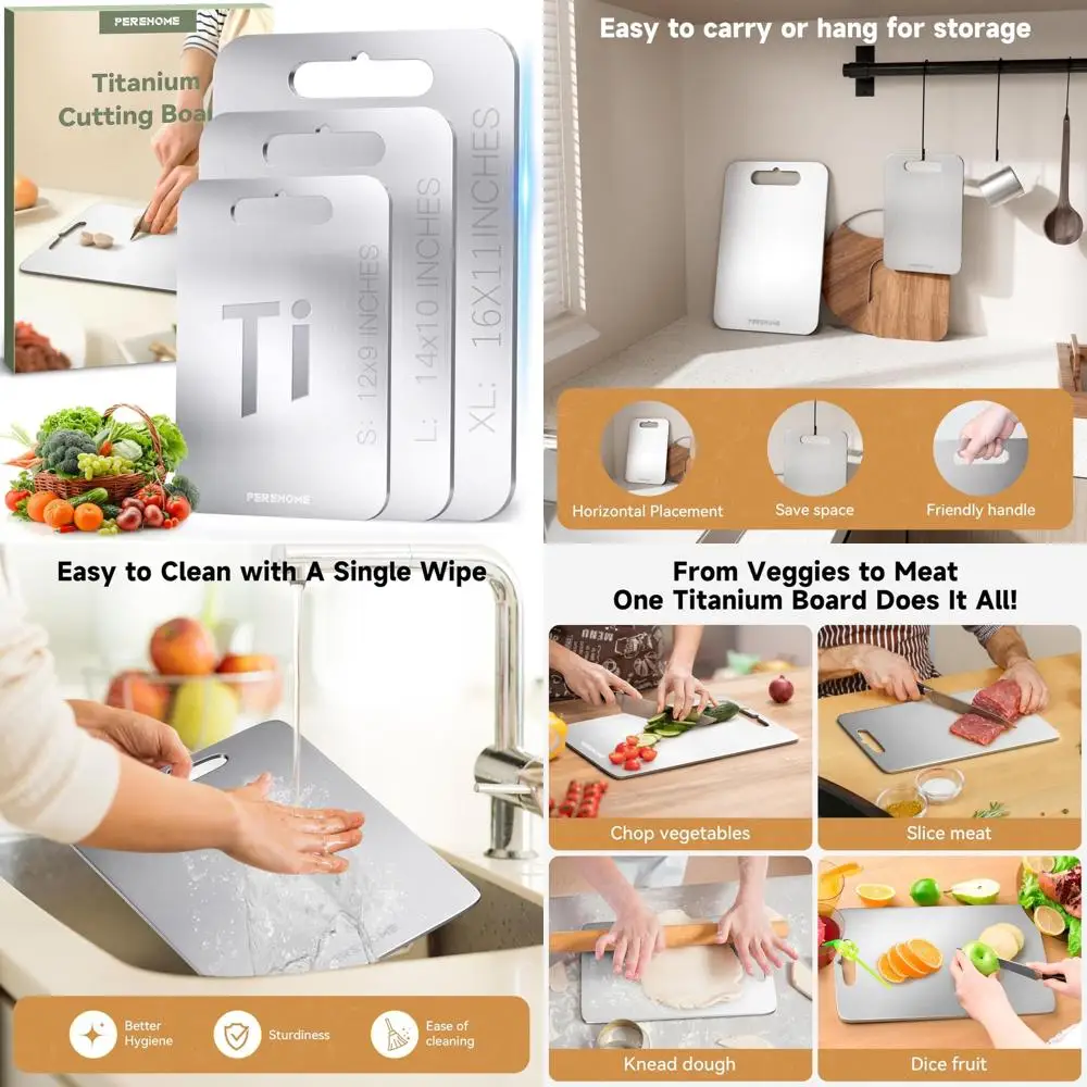 

Double-Sided Titanium Kitchen Cutting Boards with Handles, Food Grade, Dishwasher Safe, Premium Chopping Surfaces for Durability