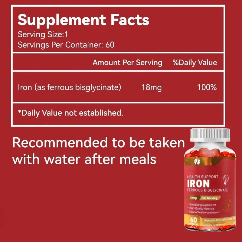 Efficient Iron Supplement, Ferrous Bisglycinate, Easily Absorbed, Gluten Free, GMO Free, 60 Vegetarian Capsules