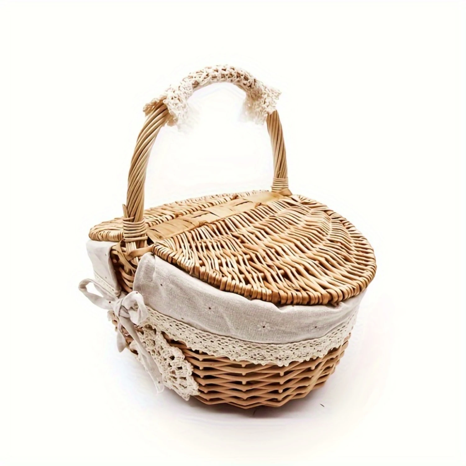 

1pc Handwoven Wicker Picnic Baskets With Lids, Vintage Style Woven Willow Baskets For Outdoor Camping, Romantic Valentine's & Th