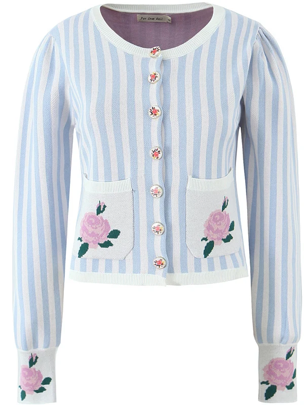 American Sle Retro Floral Embroidery round Ne ort Knitted Sweater Women's Versatile Slimming Cardigan Outerwear