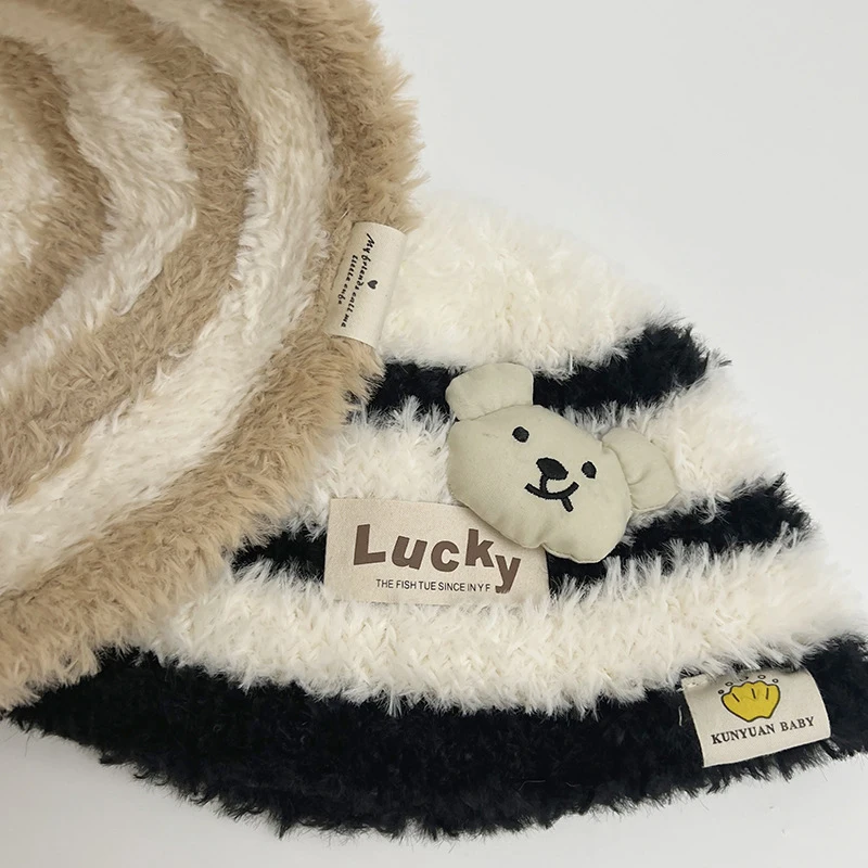 Autumn Winter Lovely Cartoon Bear Stripe Baby Fisherman HatS For Kids Boys Girls Soft Warm Ear Protection Children Bucket Caps