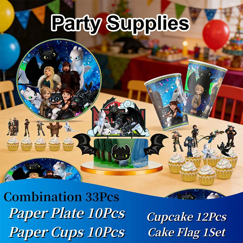 Assiettes, gobelets, décorations de gâteau et drapeaux à thème Anime Comment dresser votre dragon, personnages combinés, Drâle, pour fête d'anniversaire