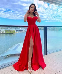 Prom Dresses Long Off Shoulder V Neckline with Slit Satin Red A Line Formal Party Evening Gowns Women Dresses Custom made