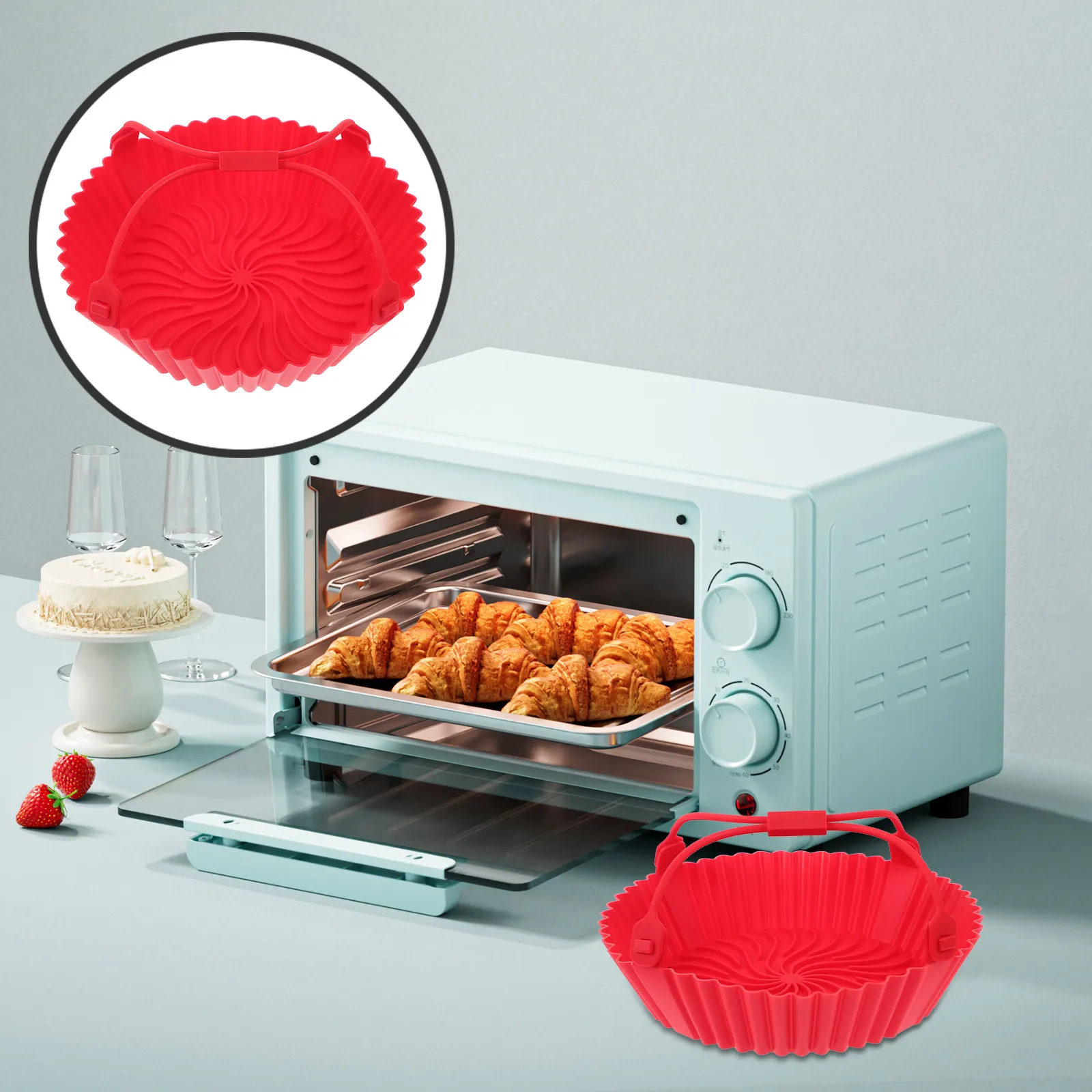 Assadeira de silicone resistente ao calor, bandeja para fritadeira de ar, forro de silicone reutilizável antiaderente para assar, tapete portátil para panela de cozinha, panela de silicone reutilizável.