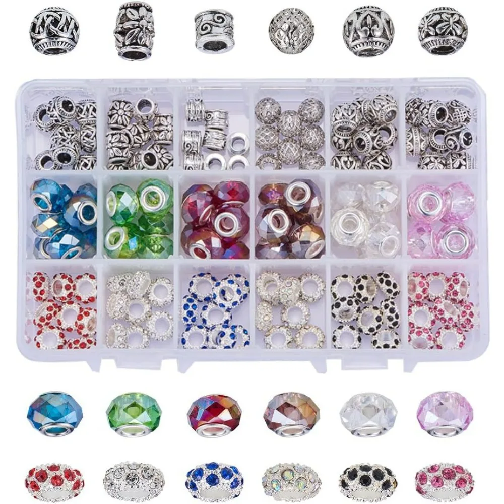 144PCS Mixed Style and Colors European Beads, Alloy Rhinestone Large Hole Glass European Charms Beads fit Bracelet Jewelry