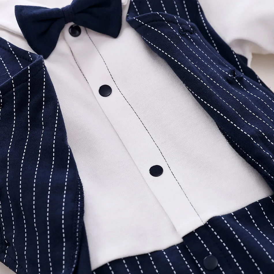 3-18M Boys Romper Newborn Striped Gentleman Tuxedo Infant Party Costume Baby Sleepwear Outfit Long Sleeve Formal Clothes Sleeper