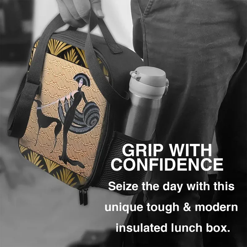 Art Deco Erte Greyhound Insulated Lunch Bags for Outdoor Picnic Whippet Sighthound Dog Resuable Thermal Cooler Bento Box Kids