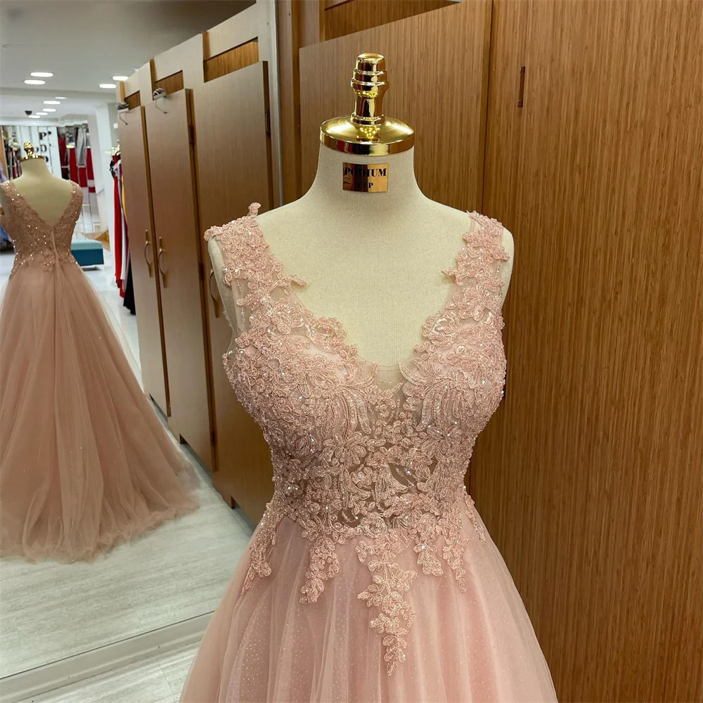 Cathy Pink V-neck Tulle Wedding Dresses Elegant Sleeveless A-line vestidos de noche Floor-length Lace Zip Formal Evening 2024