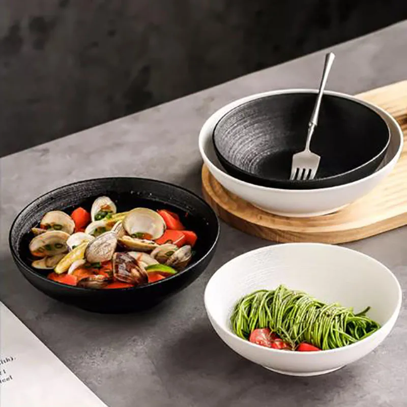 Japanese Style Ceramic Fruit Salad Bowl White Thread Breakfast Dessert Cake Plate Black White Home Round Noodle Soup Large Bowl