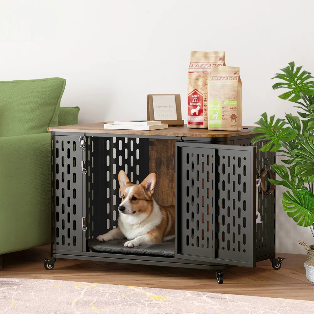 Dog Crate Pet Furniture with Cushion Wood Dog Kennel with Flexible Wheels Multi-Purpose Dog Cage for Large Small Medium Dogs