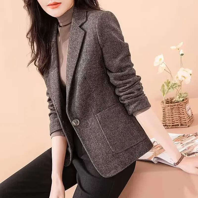 Blazer Women Fashion Korean Design Chic Simple Long-Sleeve Turn-Down Collar Casual Office Lady Elegant Jacket Clothing