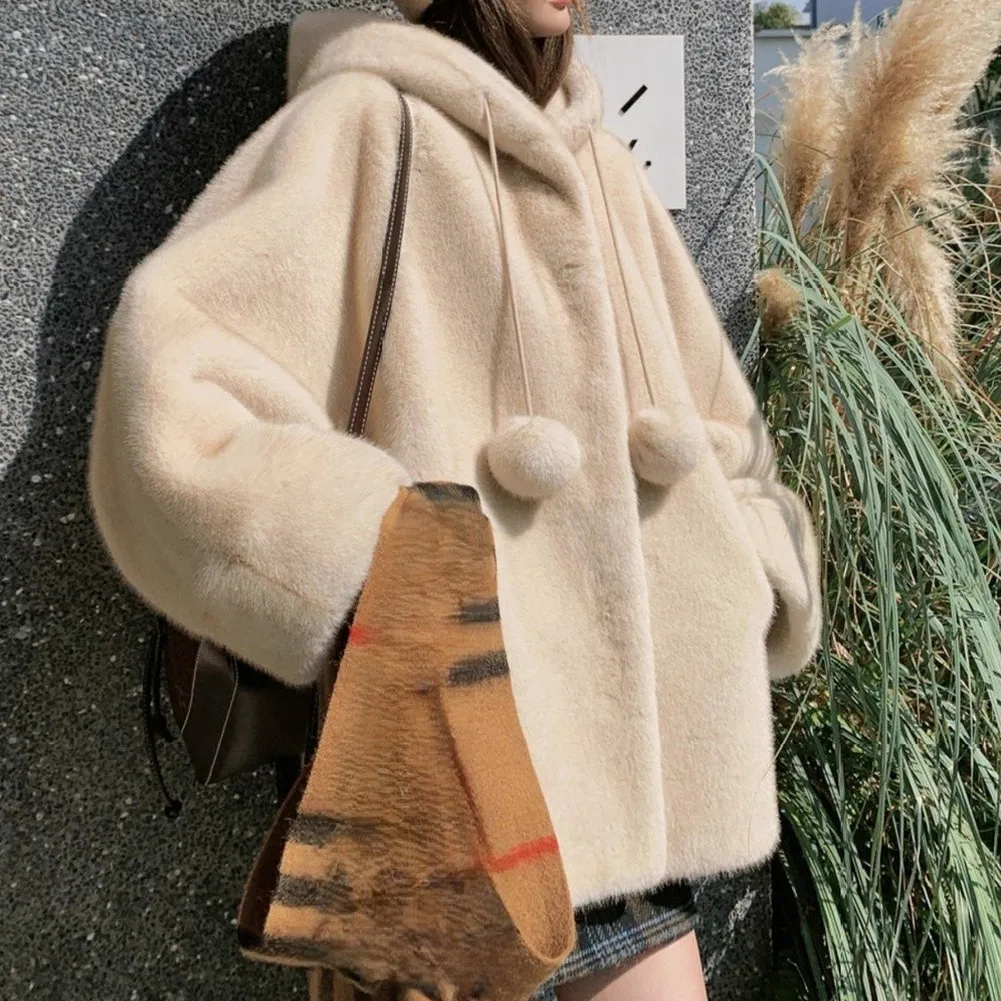 Apricot Women Hooded Jacket Autumn Winter Women's Loose Jacket Hooded Jacket Winter Parka Women Polyester Material