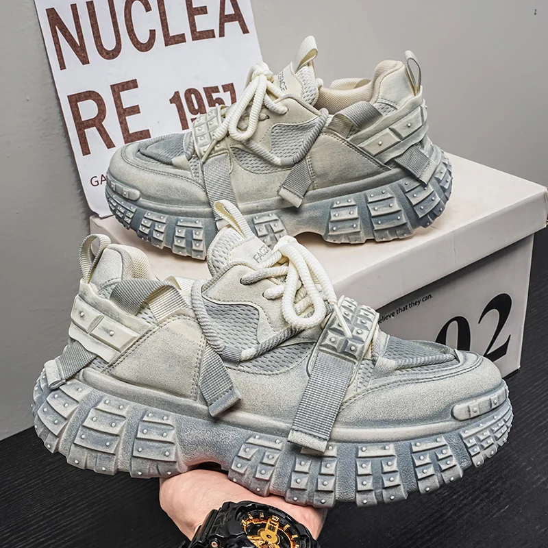 Fashion Casual Microfiber Leather Height Increased Flat Platform Running Shoes Chunky Sneaker Men Designer Tire Sole Sport Shoes