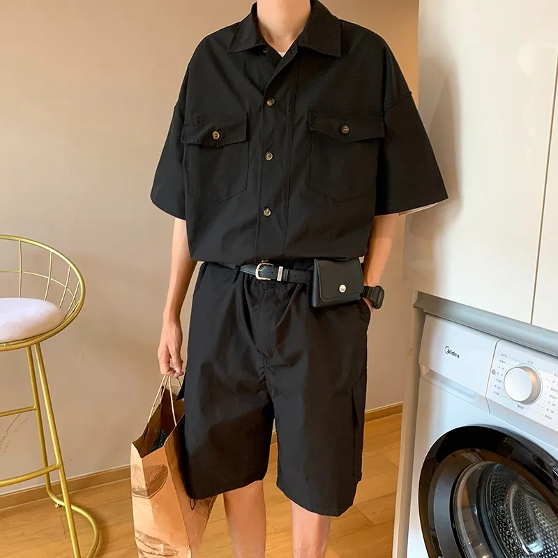 Trendy Loose Men's Workwear Shirt Set Short Sleeve Overalls Shorts Street Style Summer Casual Straight Leg Pants