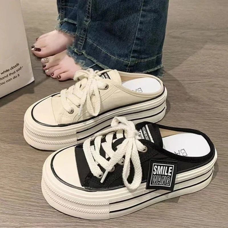 

Women's Platform Slip-On Sneakers Chunky Sole 3-5cm Heel Waterproof Rubber Lace-Up Canvas Shoes Korean Leisure Sports Sandals