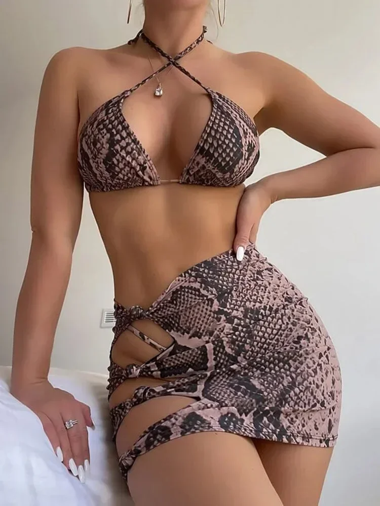 

With Skirt Snake Skin Printed Halter Mini Bikini Women Swimwear Female Swimsuit Three-pieces Bikini set Bather Bathing Suit Swim