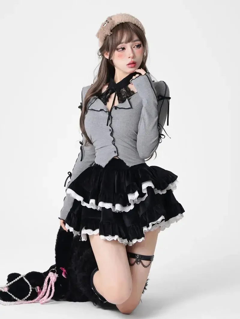 Japanese Lolita Corduroy Short Skirt 2025 Autumn New Niche Lace Ruffle Edge Bilayer Cake Skirt Women Sweet A-line Y2k Skirt